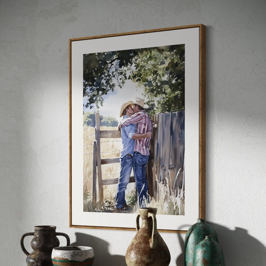 Afternoon Embrace: Cowboy kisses in the Heartland | LGBTQ Art Print | Premium 200gsm Unframed Print | Queer Cowboy Love | LGBTQ Home Decor