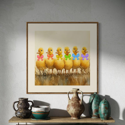 Adorable Pride Parade Ducklings Art Print | LGBTQ+ Wall Art | Cute Rainbow Ducklings with Bows | Unframed Print on Premium Matte Paper