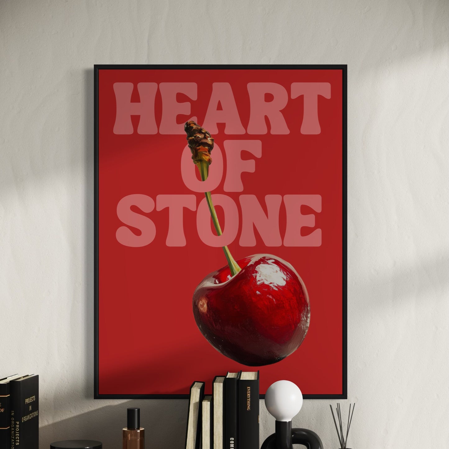 Heart of Stone, Bold Cherry-Themed Art Print, Playful and Vibrant Wall Decor for Your Home - Printed on Premium 200gsm Matte Paper, Unframed