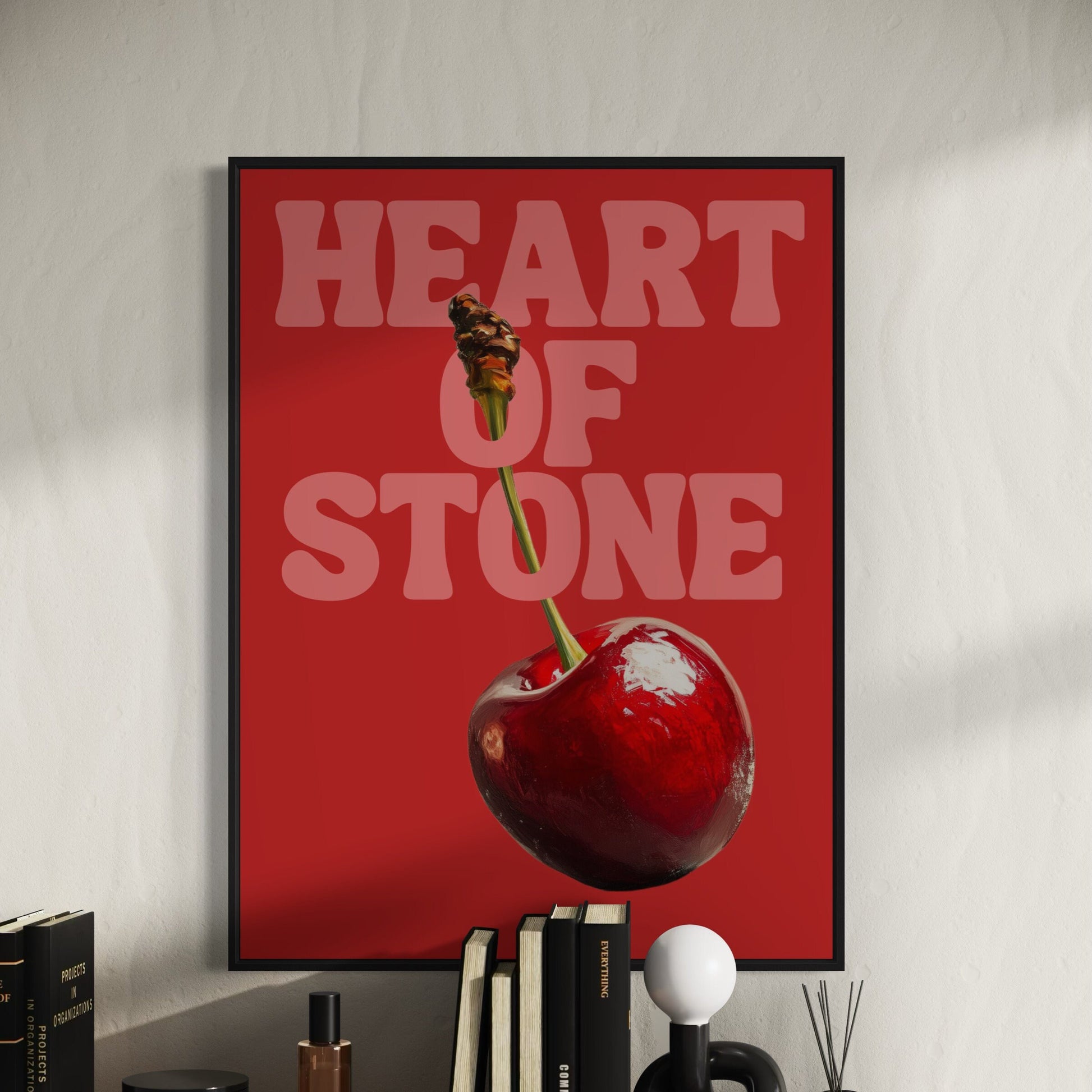 Heart of Stone, Bold Cherry-Themed Art Print, Playful and Vibrant Wall Decor for Your Home - Printed on Premium 200gsm Matte Paper, Unframed