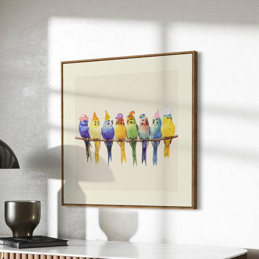 Rainbow Parakeet Party Print | Fun Bird Art with Rainbow Colours | Fun Wall Decor | Unframed Premium Paper | Perfect for Bird Lovers
