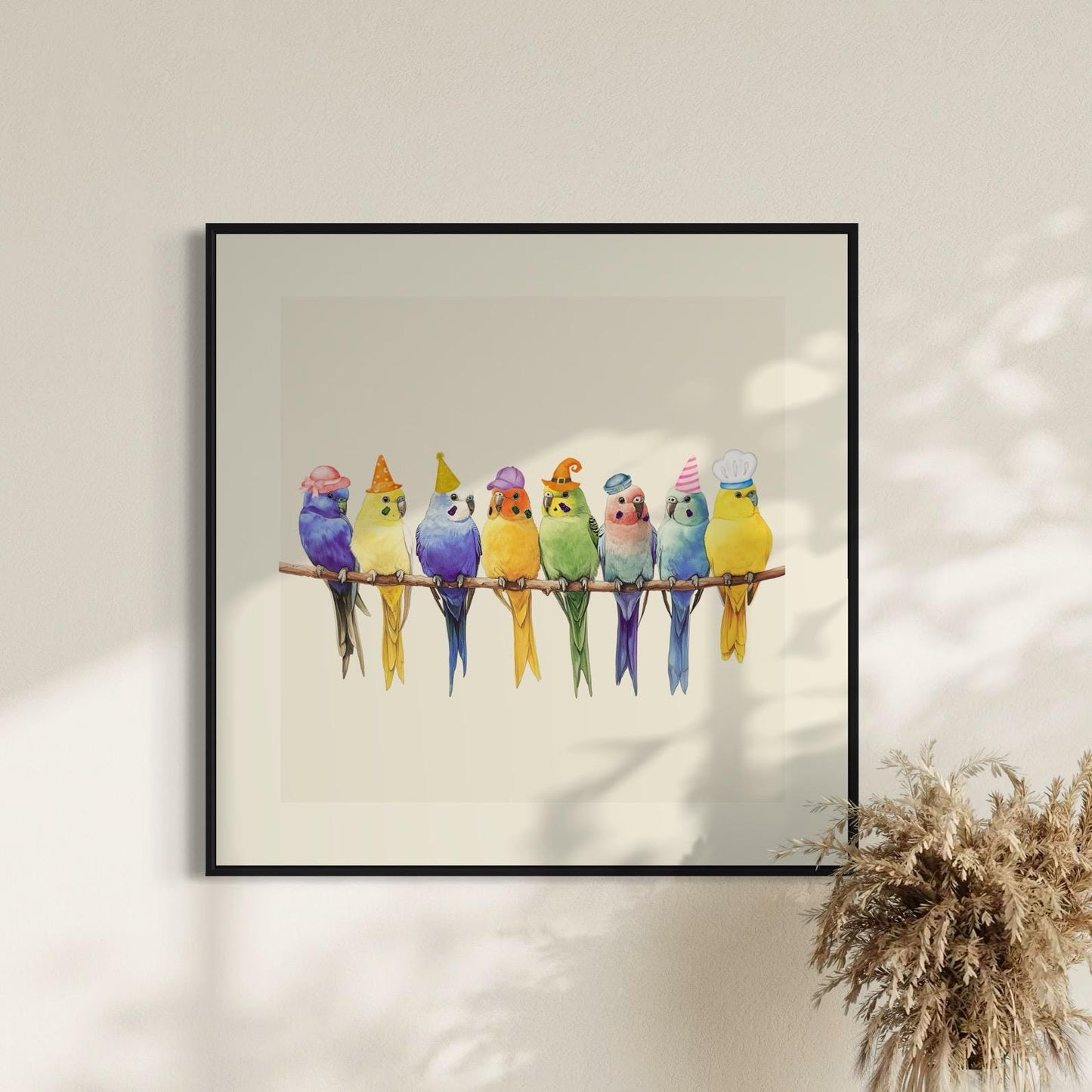 Rainbow Parakeet Party Print | Fun Bird Art with Rainbow Colours | Fun Wall Decor | Unframed Premium Paper | Perfect for Bird Lovers