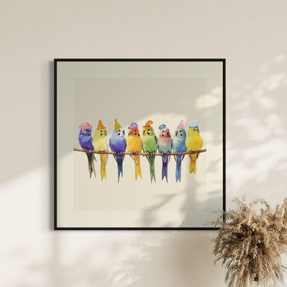 Rainbow Parakeet Party Print | Fun Bird Art with Rainbow Colours | Fun Wall Decor | Unframed Premium Paper | Perfect for Bird Lovers