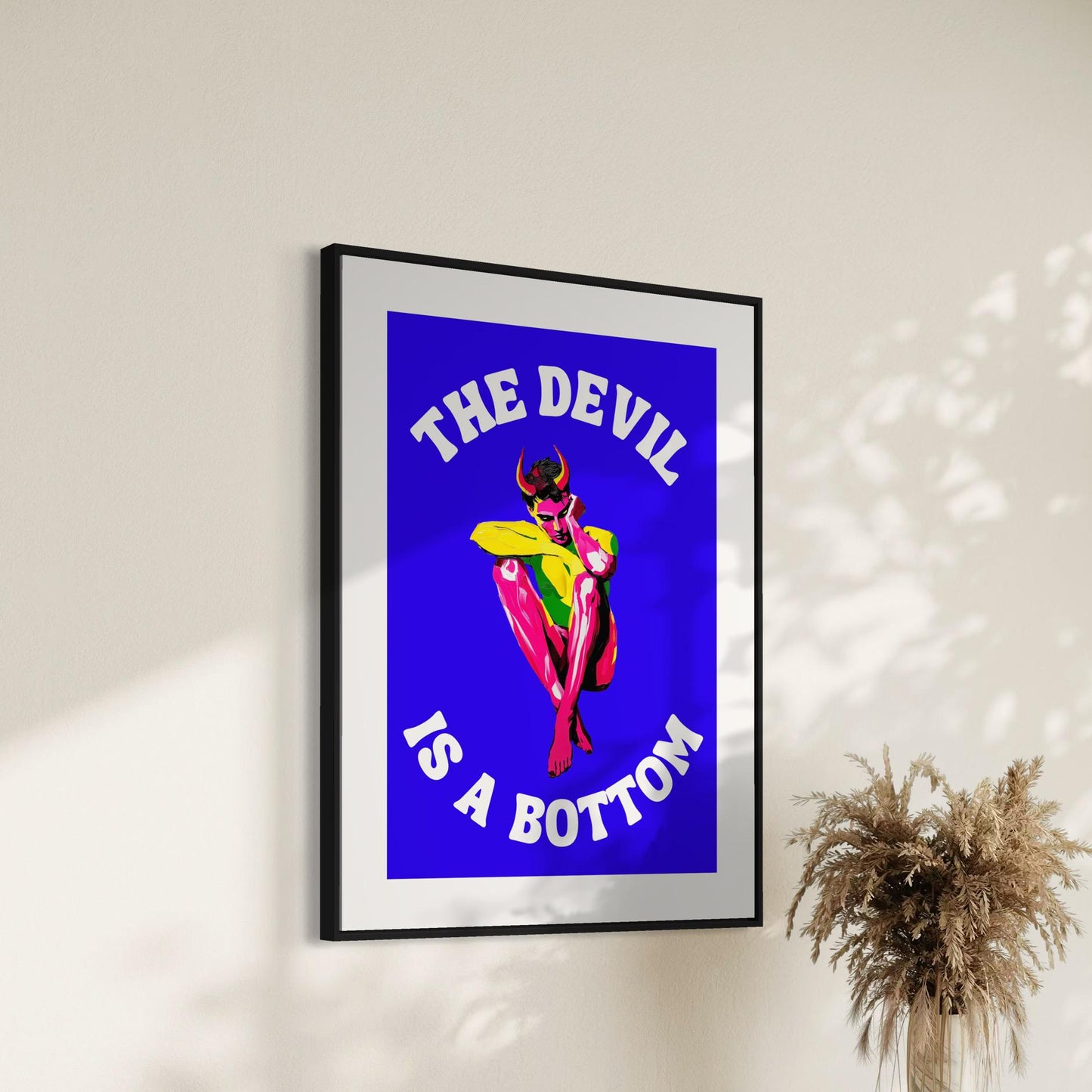 The Devil is a Bottom - Bold LGBTQ+ Art Print, Neon Blue Graphic Poster, Funny Art Print