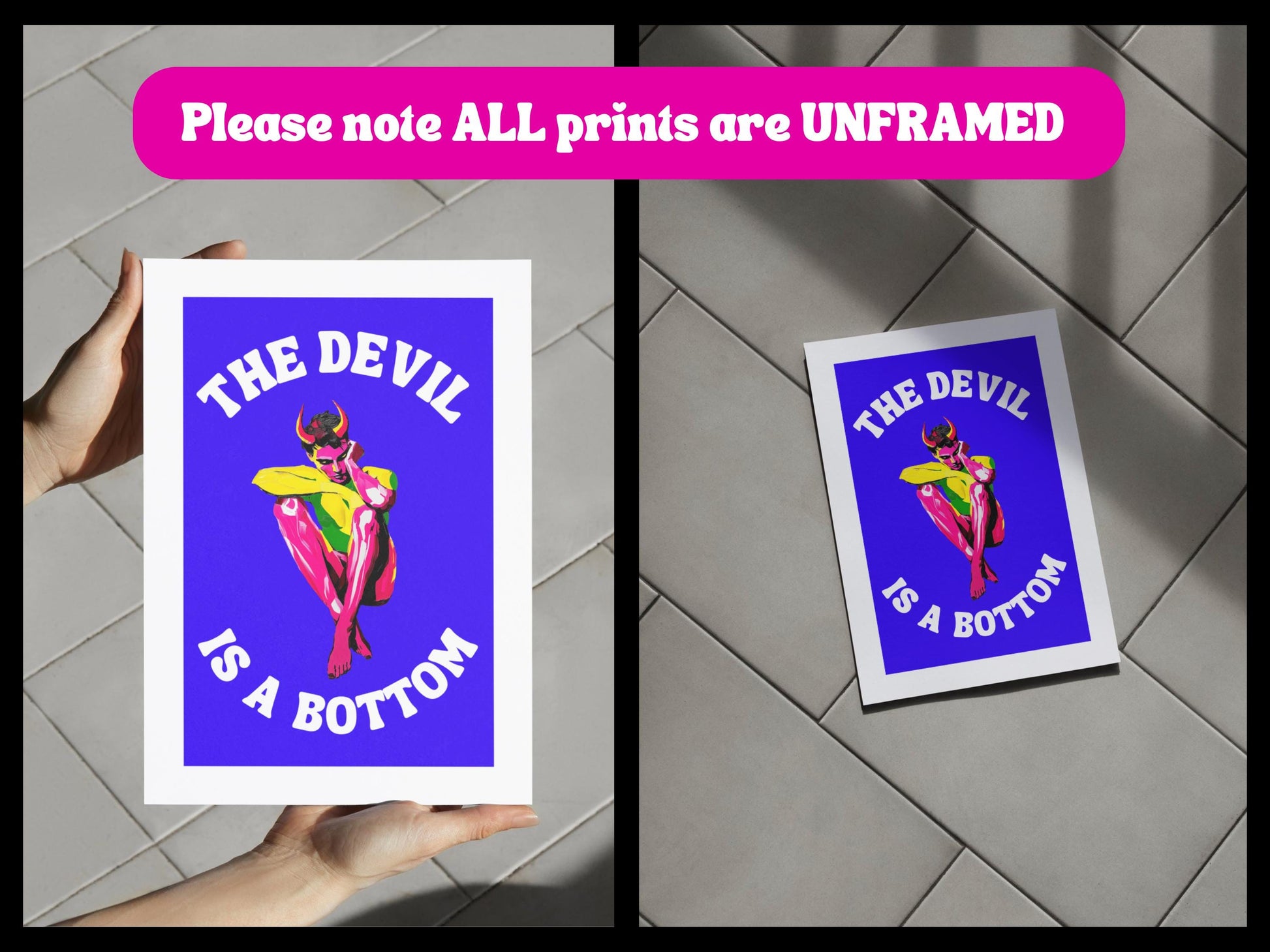The Devil is a Bottom - Bold LGBTQ+ Art Print, Neon Blue Graphic Poster, Funny Art Print