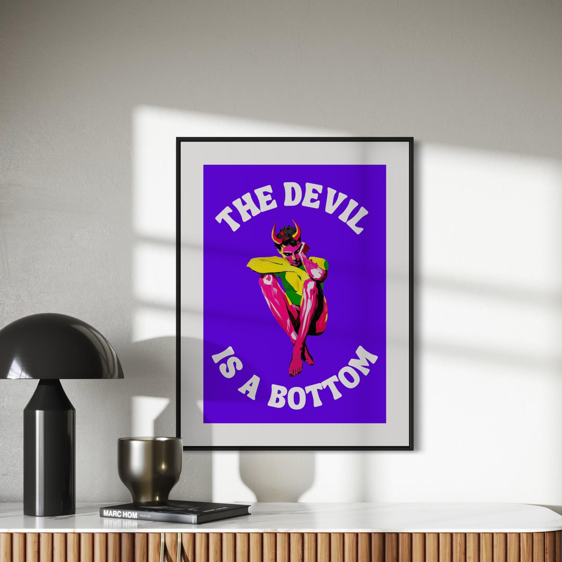 The Devil is a Bottom - Bold LGBTQ+ Art Print, Neon Purple Graphic Poster, Funny Art Print