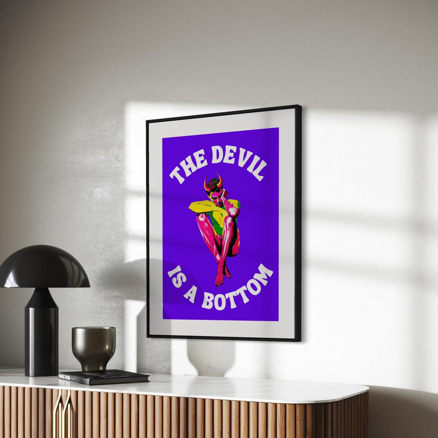 The Devil is a Bottom - Bold LGBTQ+ Art Print, Neon Purple Graphic Poster, Funny Art Print