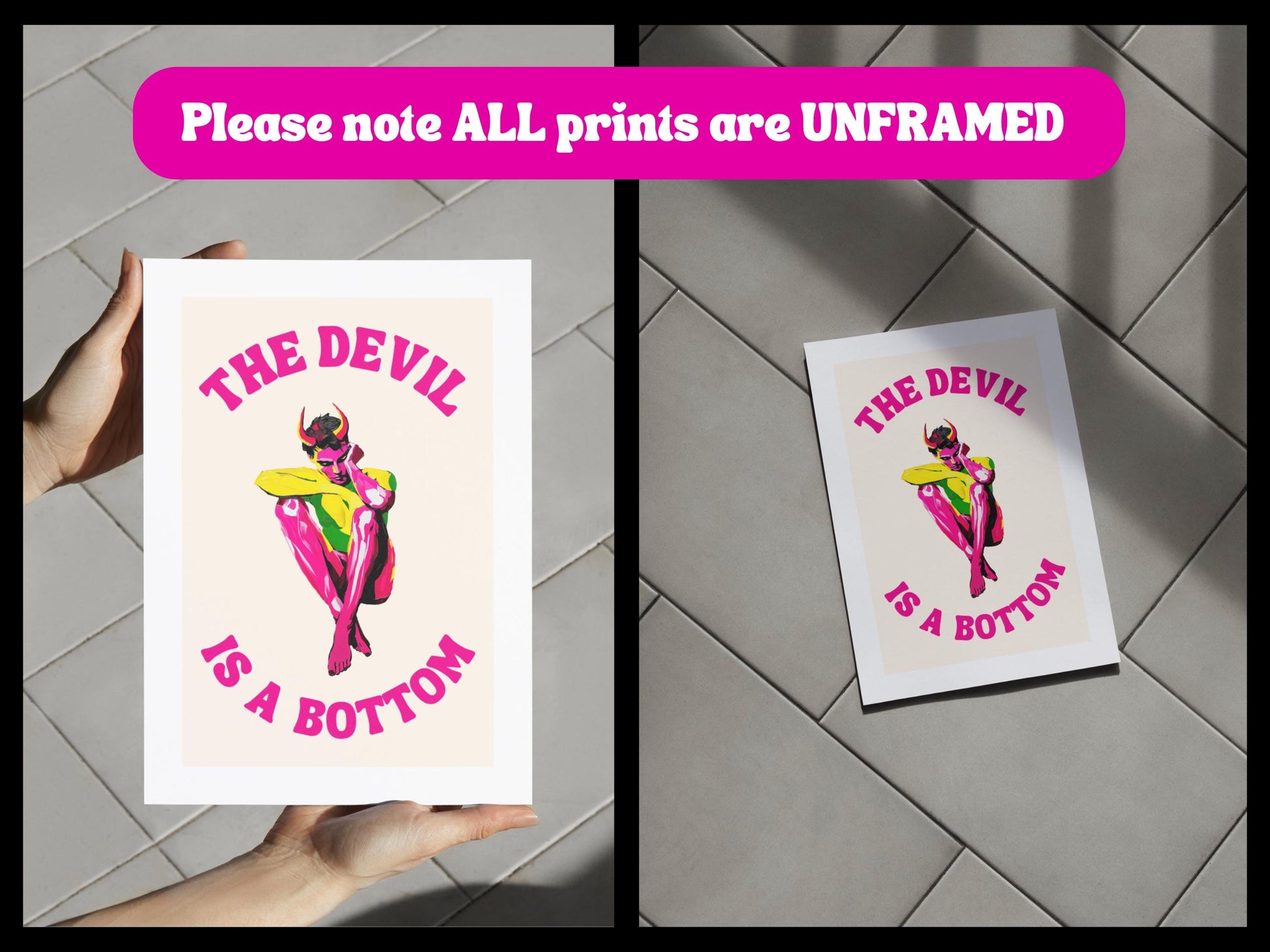 The Devil is a Bottom - Bold LGBTQ+ Art Print, White & Pink Graphic Poster, Funny Art Print