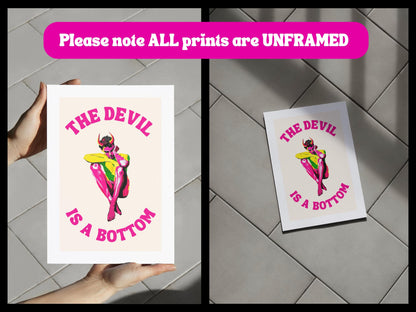 The Devil is a Bottom - Bold LGBTQ+ Art Print, White & Pink Graphic Poster, Funny Art Print