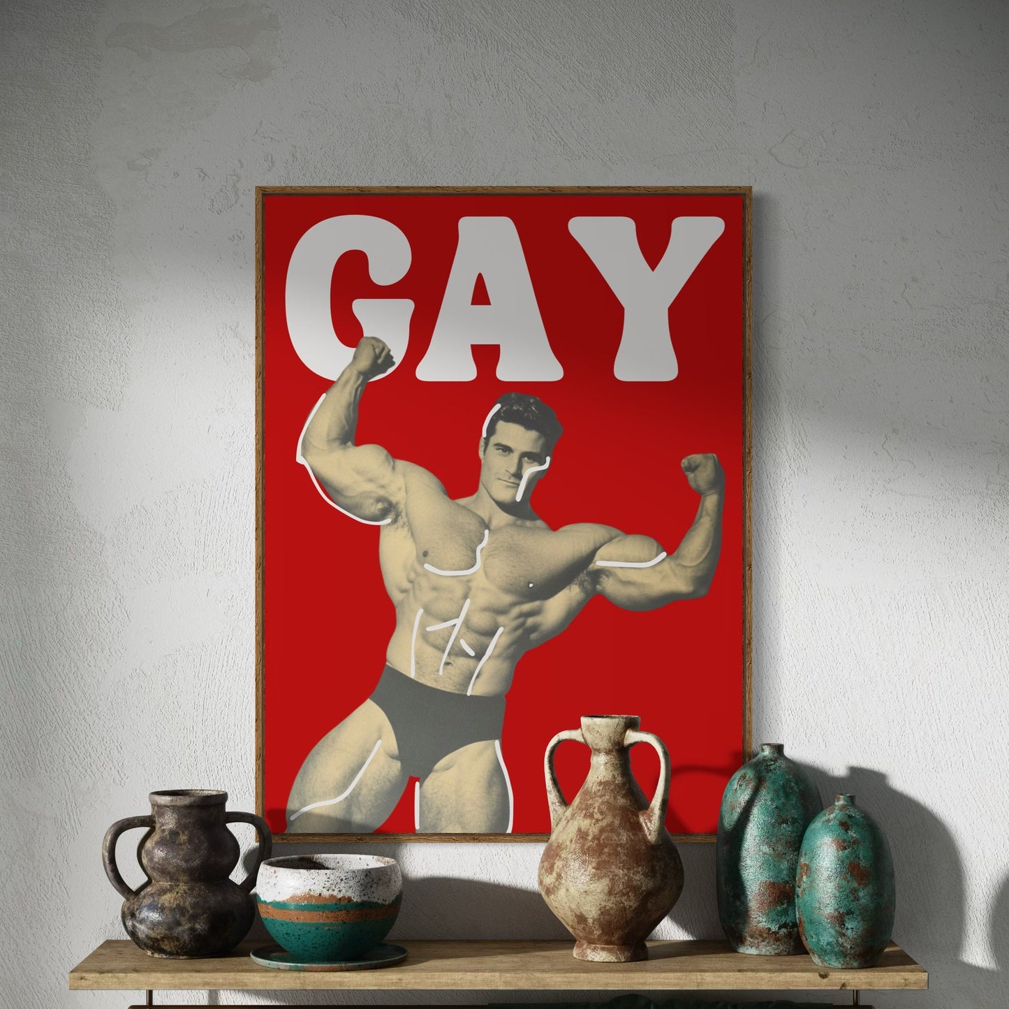 Strength in Pride – Bold Art Challenging Masculine Stereotypes. Celebrate Queer Strength with a Playful Art Print on Premium 200gsm Paper.