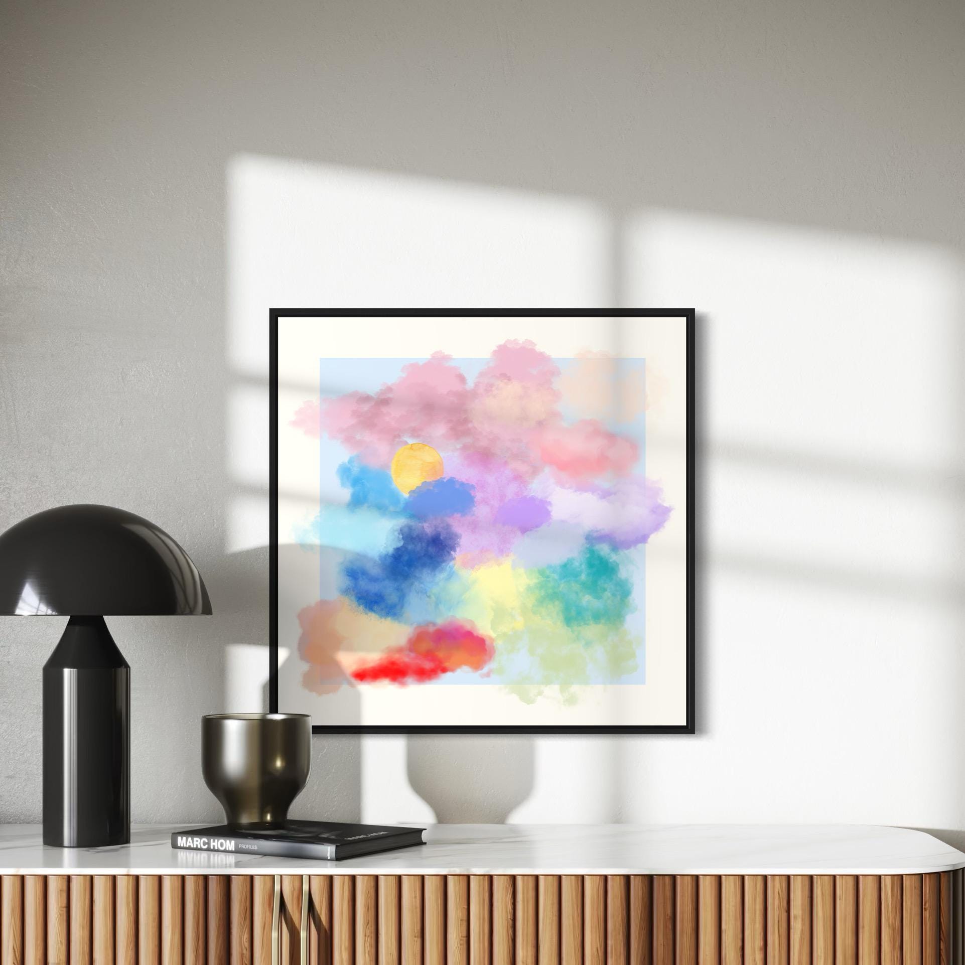 Dreamy Pastel Cloud Art Print | Watercolour Rainbow Clouds with Sun | Peaceful Wall Decor | Unframed Premium Matte Print for Home & Office
