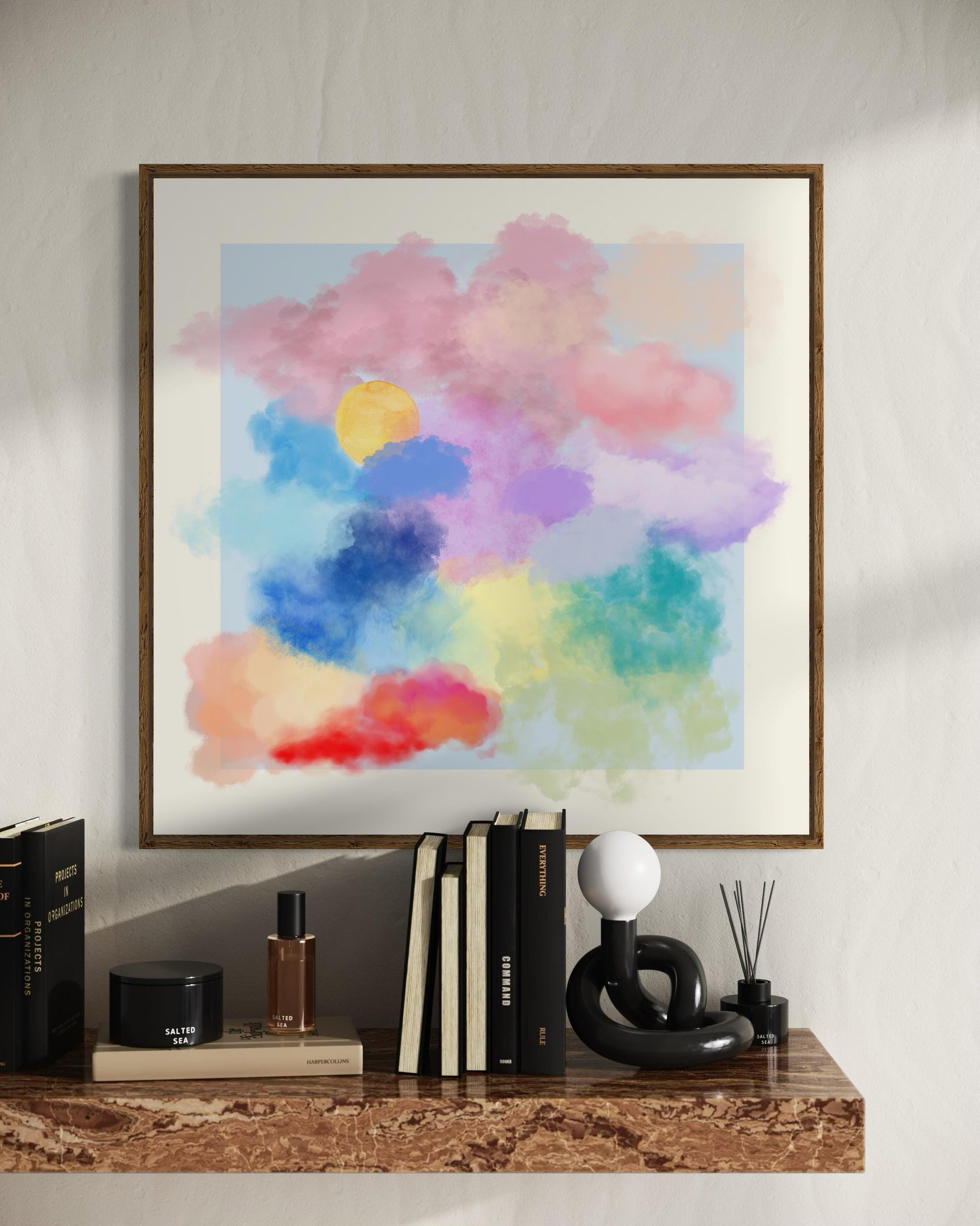 Dreamy Pastel Cloud Art Print | Watercolour Rainbow Clouds with Sun | Peaceful Wall Decor | Unframed Premium Matte Print for Home & Office
