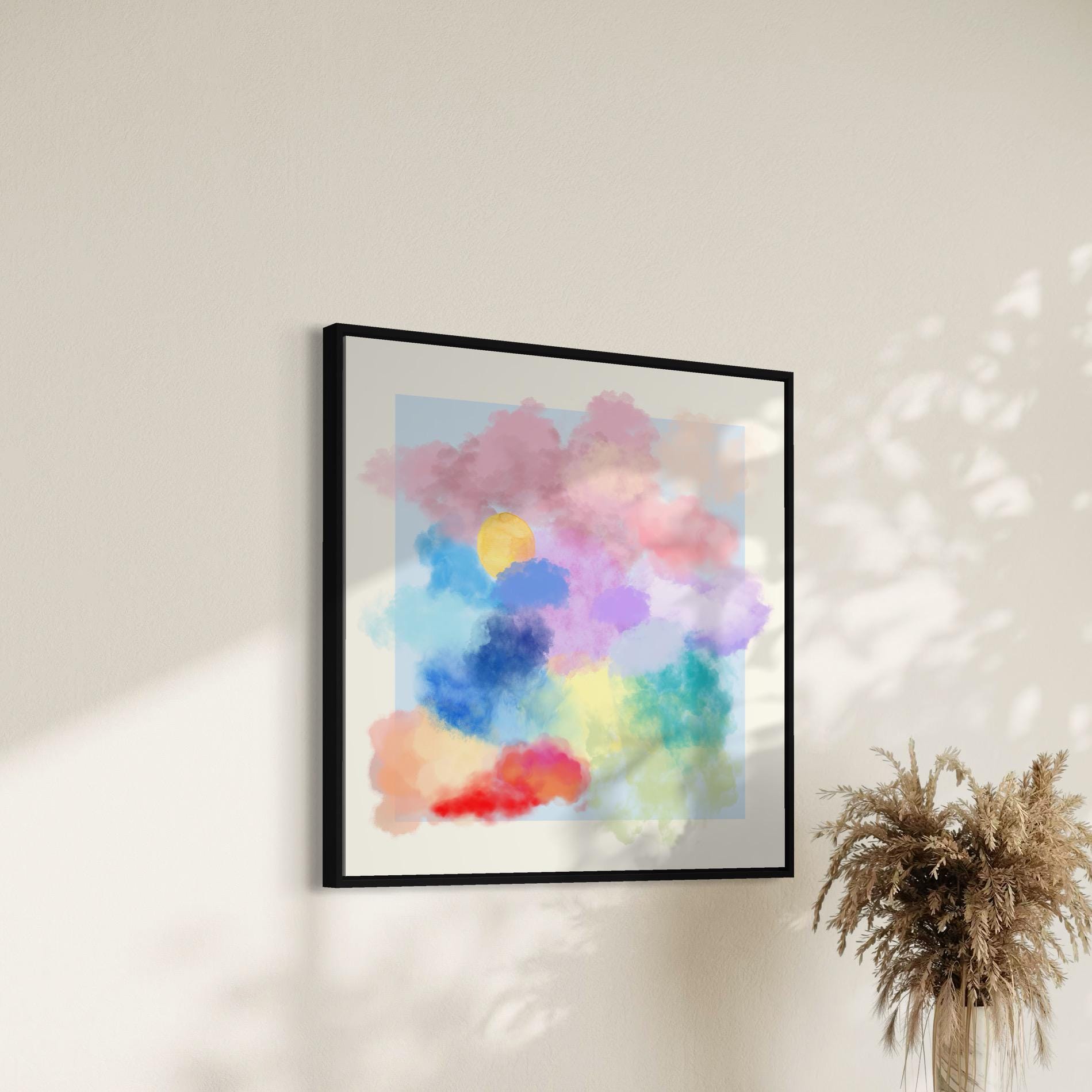 Dreamy Pastel Cloud Art Print | Watercolour Rainbow Clouds with Sun | Peaceful Wall Decor | Unframed Premium Matte Print for Home & Office