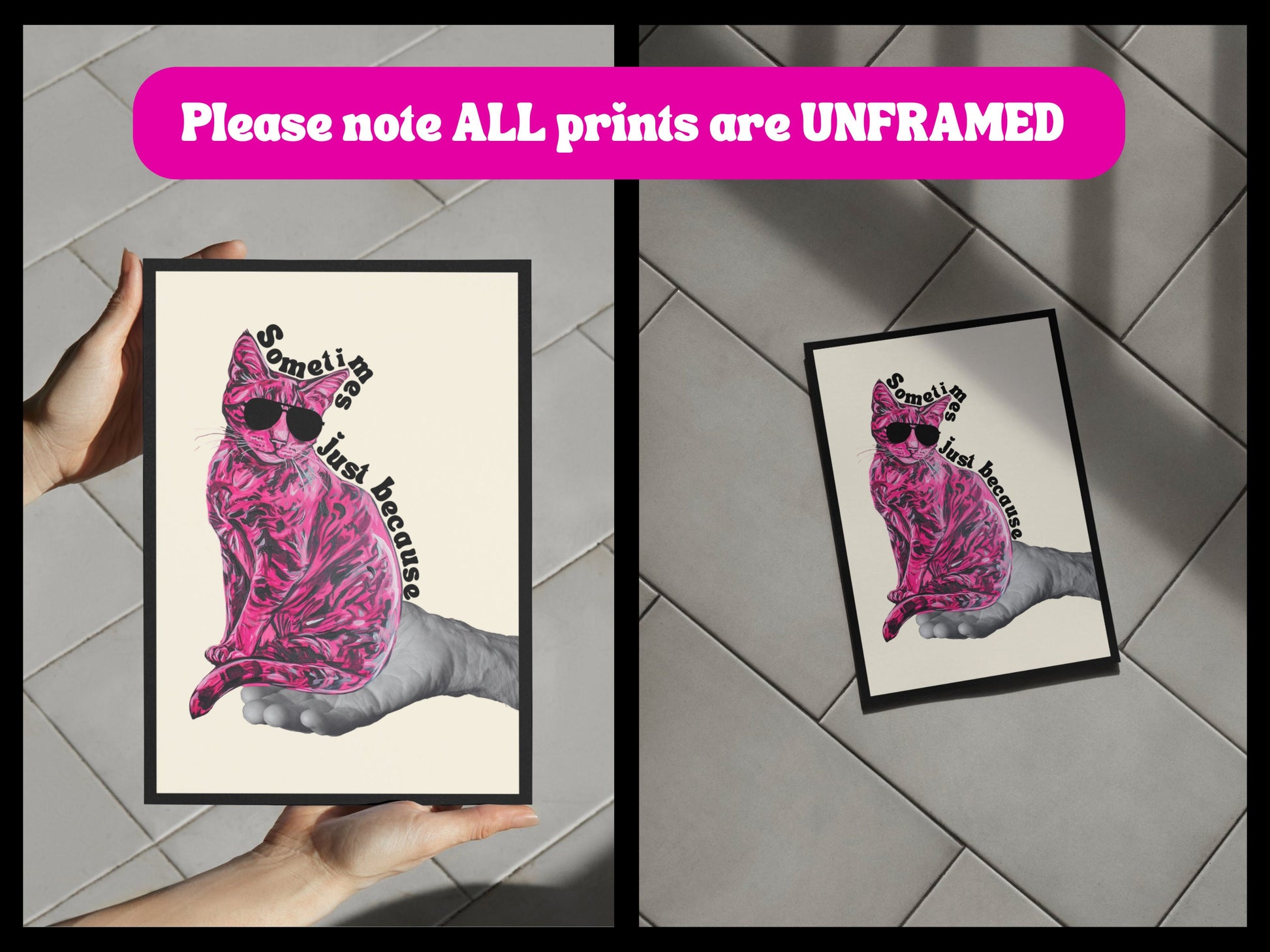 Just Because – Quirky Pink Cat in Sunglasses Art Print | Unique Pop Culture Decor | 200gsm Matte Paper | Fun & Modern Wall Art Unframed
