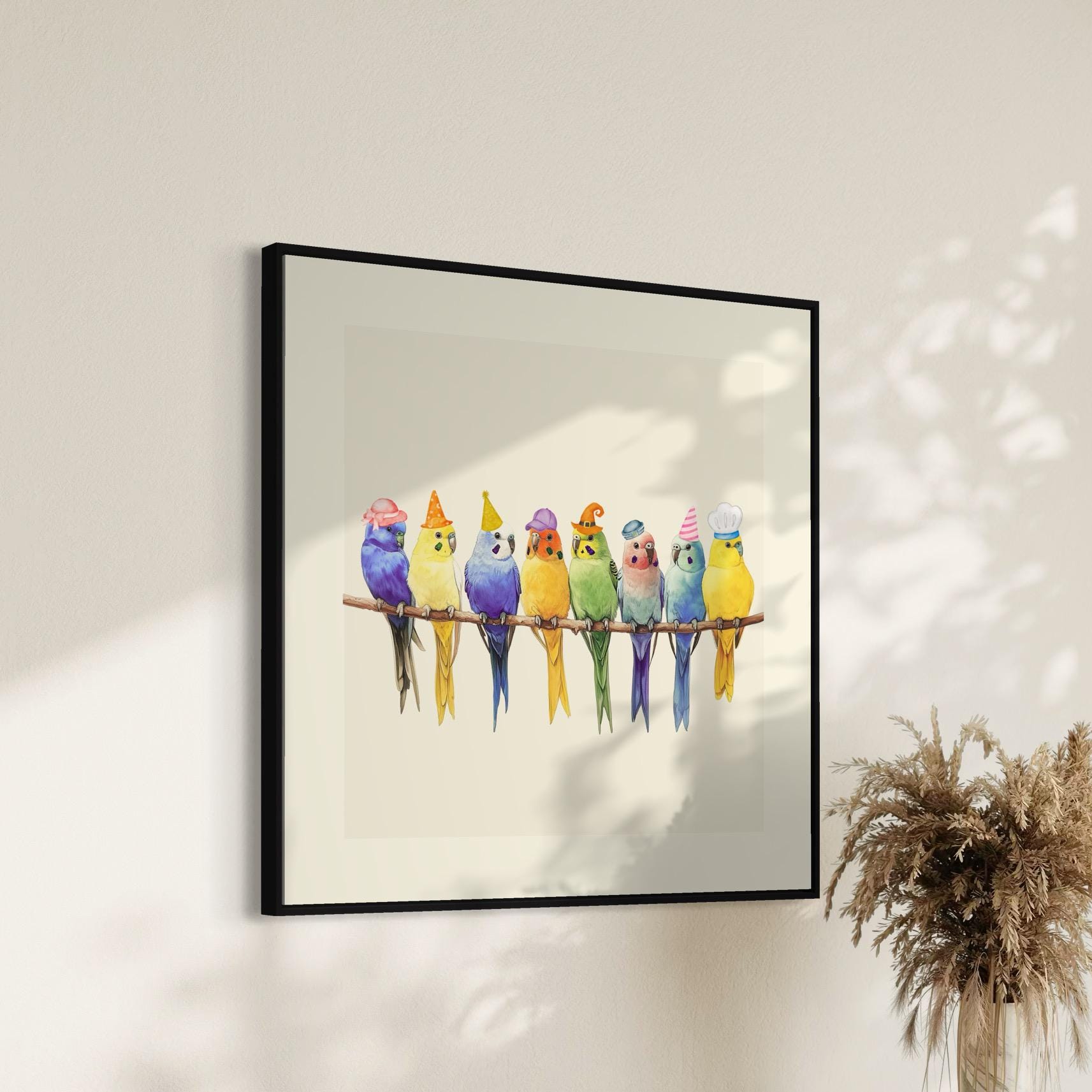 Rainbow Parakeet Party Print | Fun Bird Art with Rainbow Colours | Fun Wall Decor | Unframed Premium Paper | Perfect for Bird Lovers