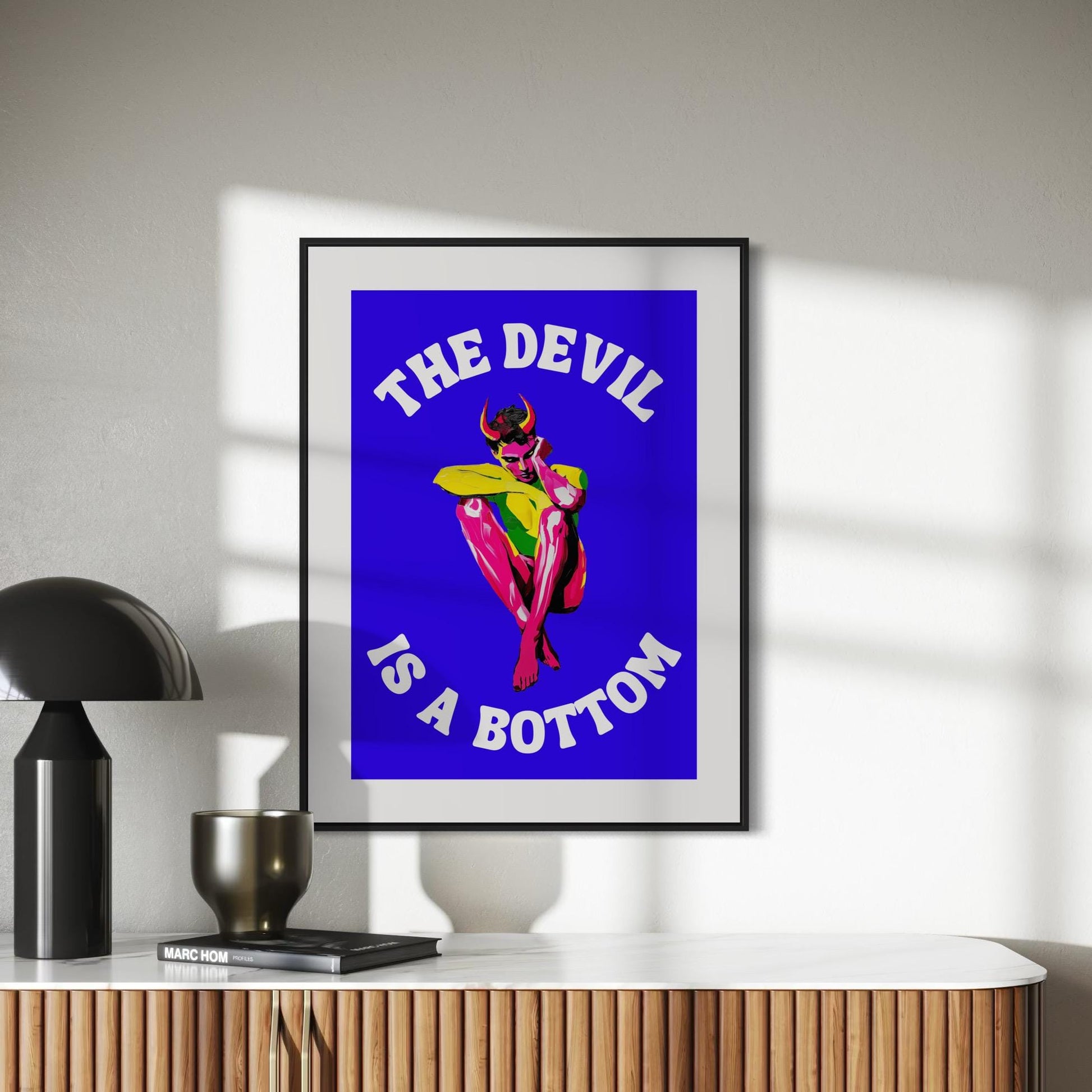 The Devil is a Bottom - Bold LGBTQ+ Art Print, Neon Blue Graphic Poster, Funny Art Print