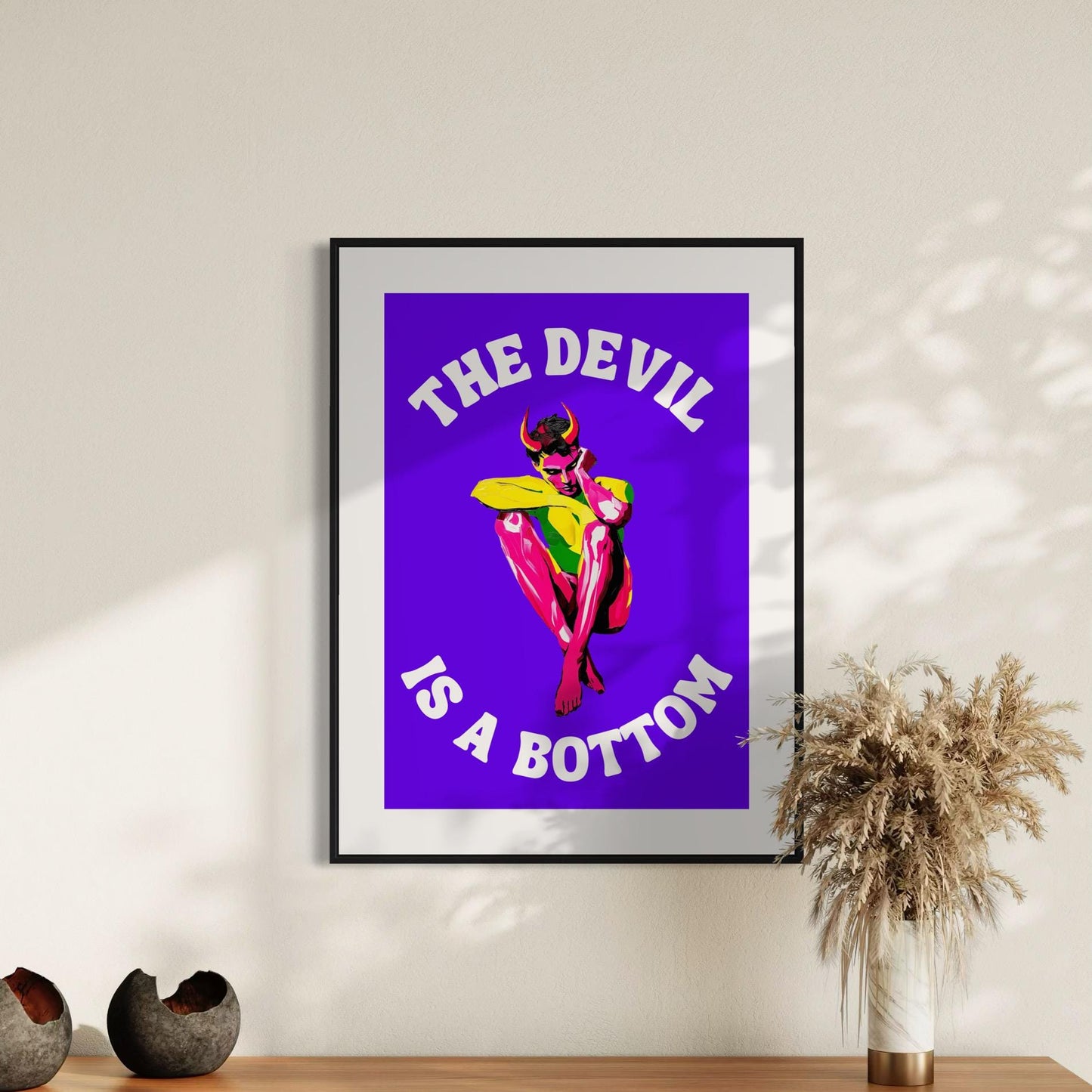 The Devil is a Bottom - Bold LGBTQ+ Art Print, Neon Purple Graphic Poster, Funny Art Print