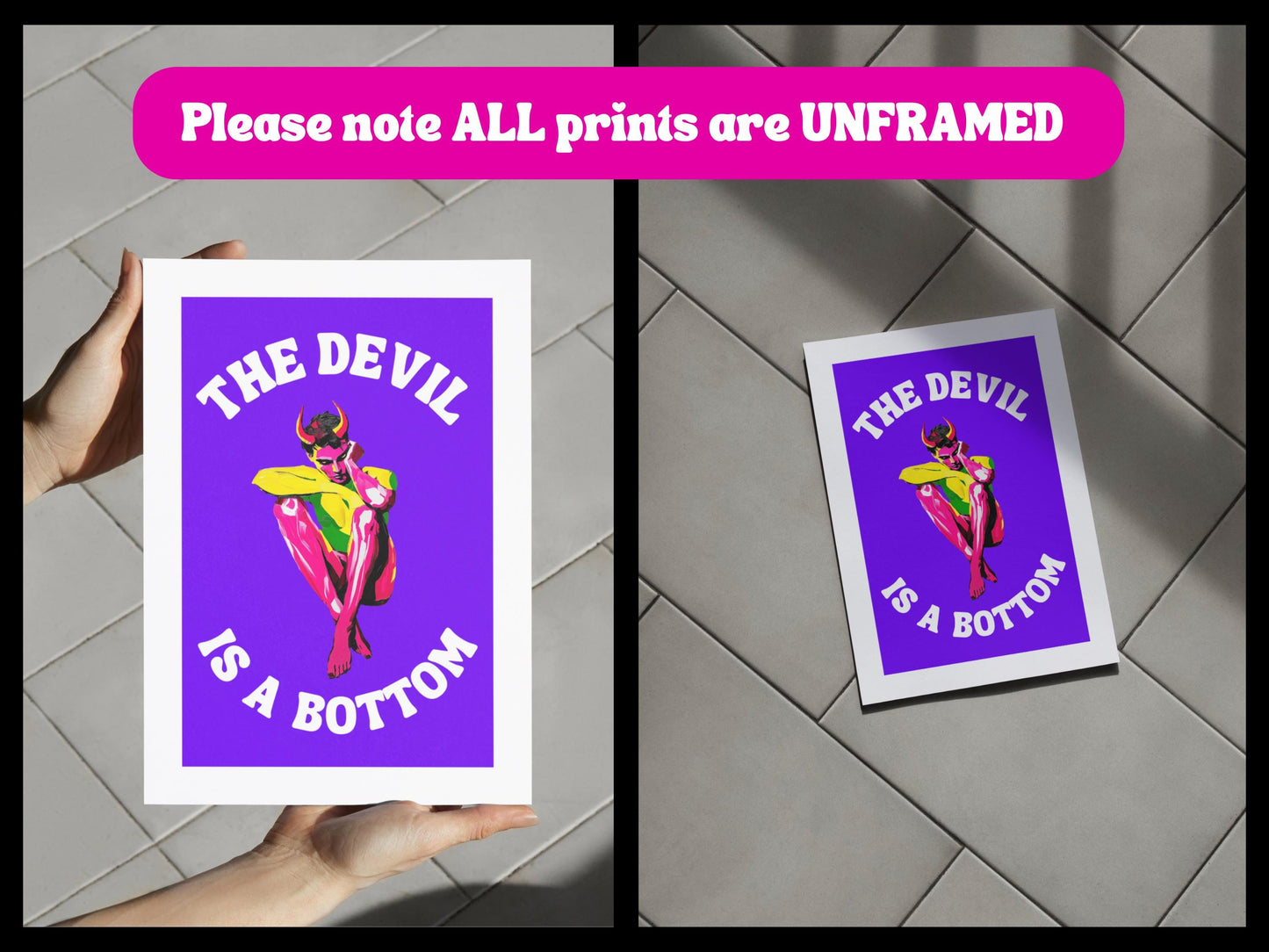 The Devil is a Bottom - Bold LGBTQ+ Art Print, Neon Purple Graphic Poster, Funny Art Print