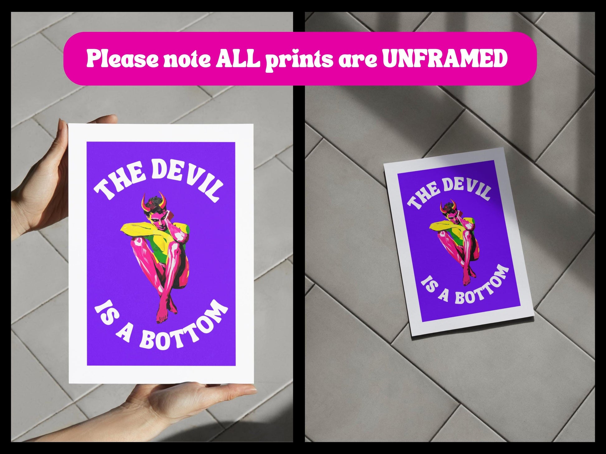 The Devil is a Bottom - Bold LGBTQ+ Art Print, Neon Purple Graphic Poster, Funny Art Print