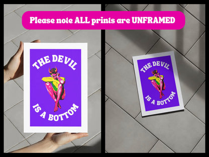 The Devil is a Bottom - Bold LGBTQ+ Art Print, Neon Purple Graphic Poster, Funny Art Print