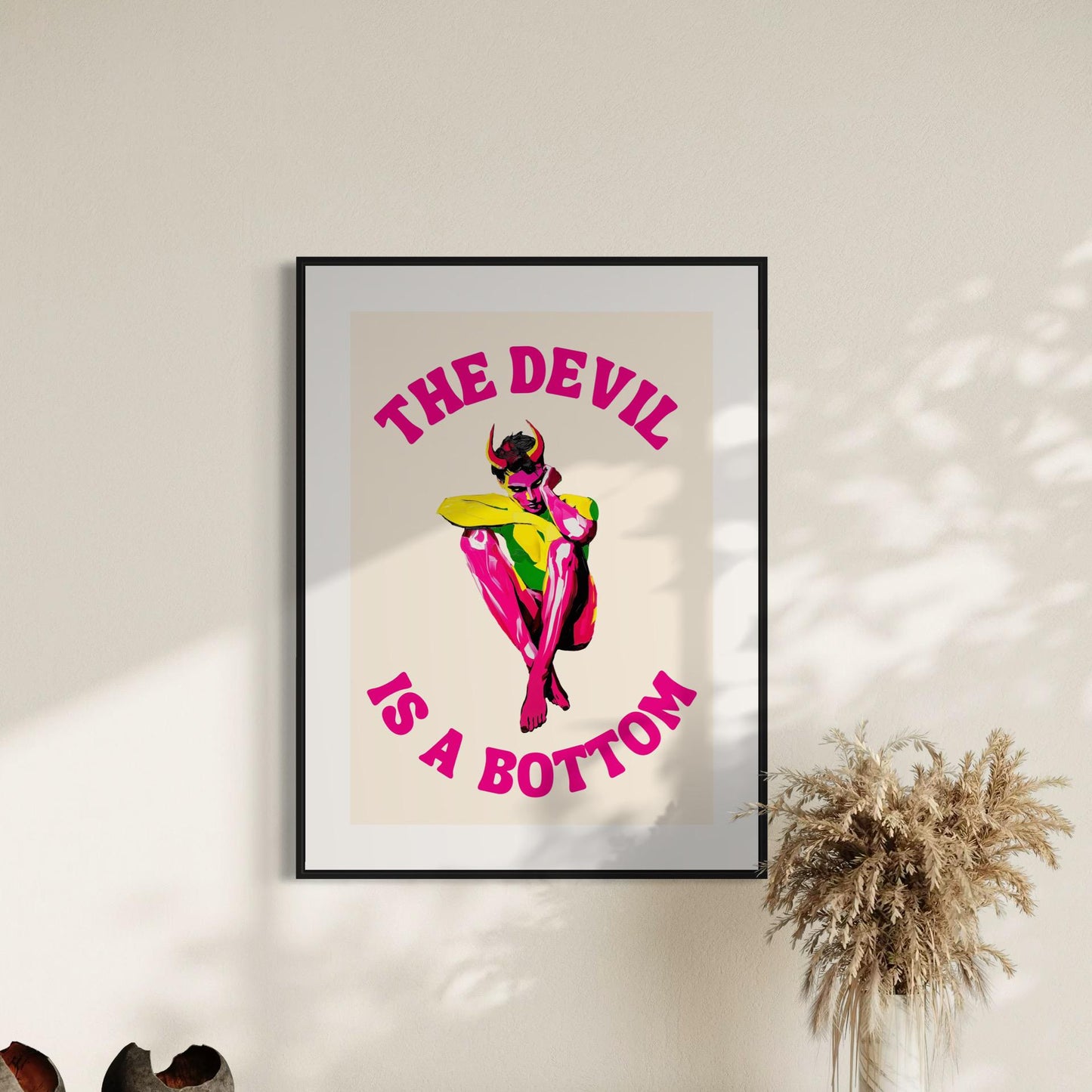 The Devil is a Bottom - Bold LGBTQ+ Art Print, White & Pink Graphic Poster, Funny Art Print