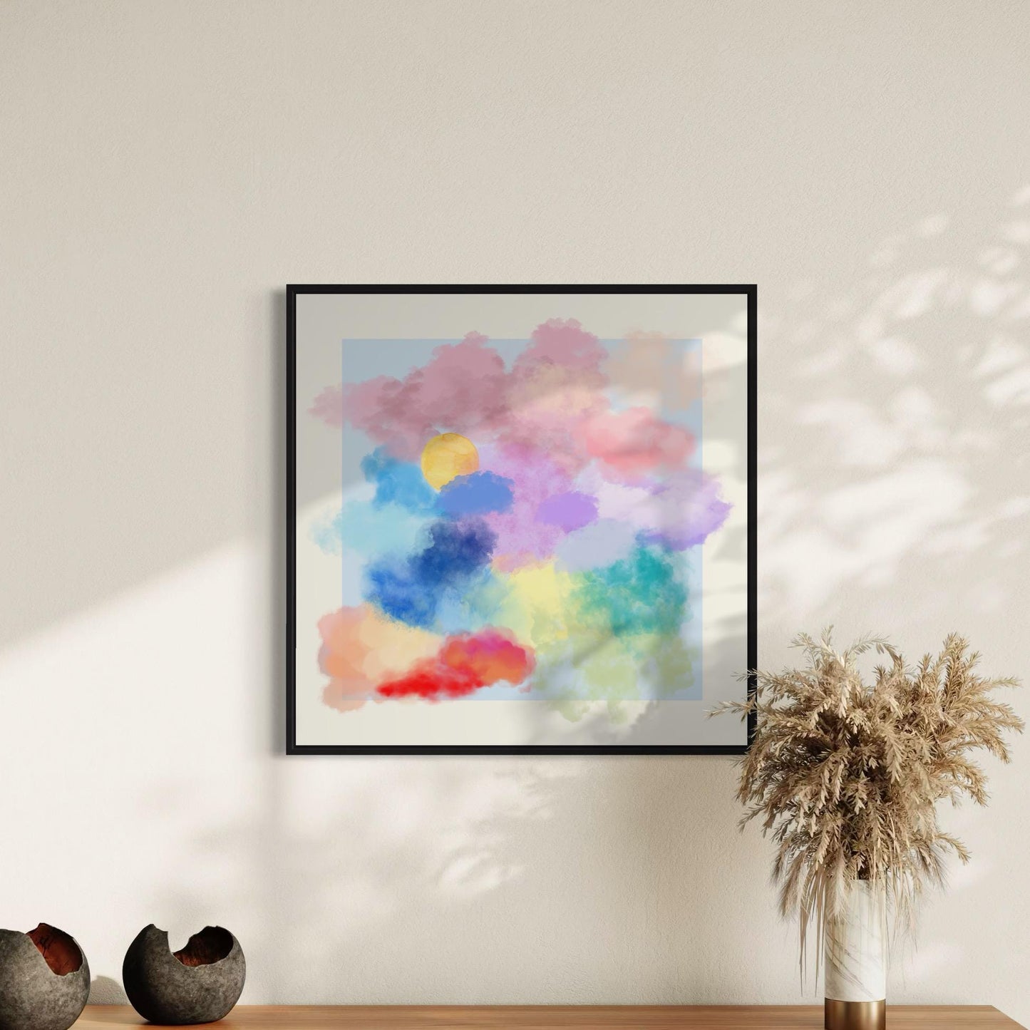 Dreamy Pastel Cloud Art Print | Watercolour Rainbow Clouds with Sun | Peaceful Wall Decor | Unframed Premium Matte Print for Home & Office