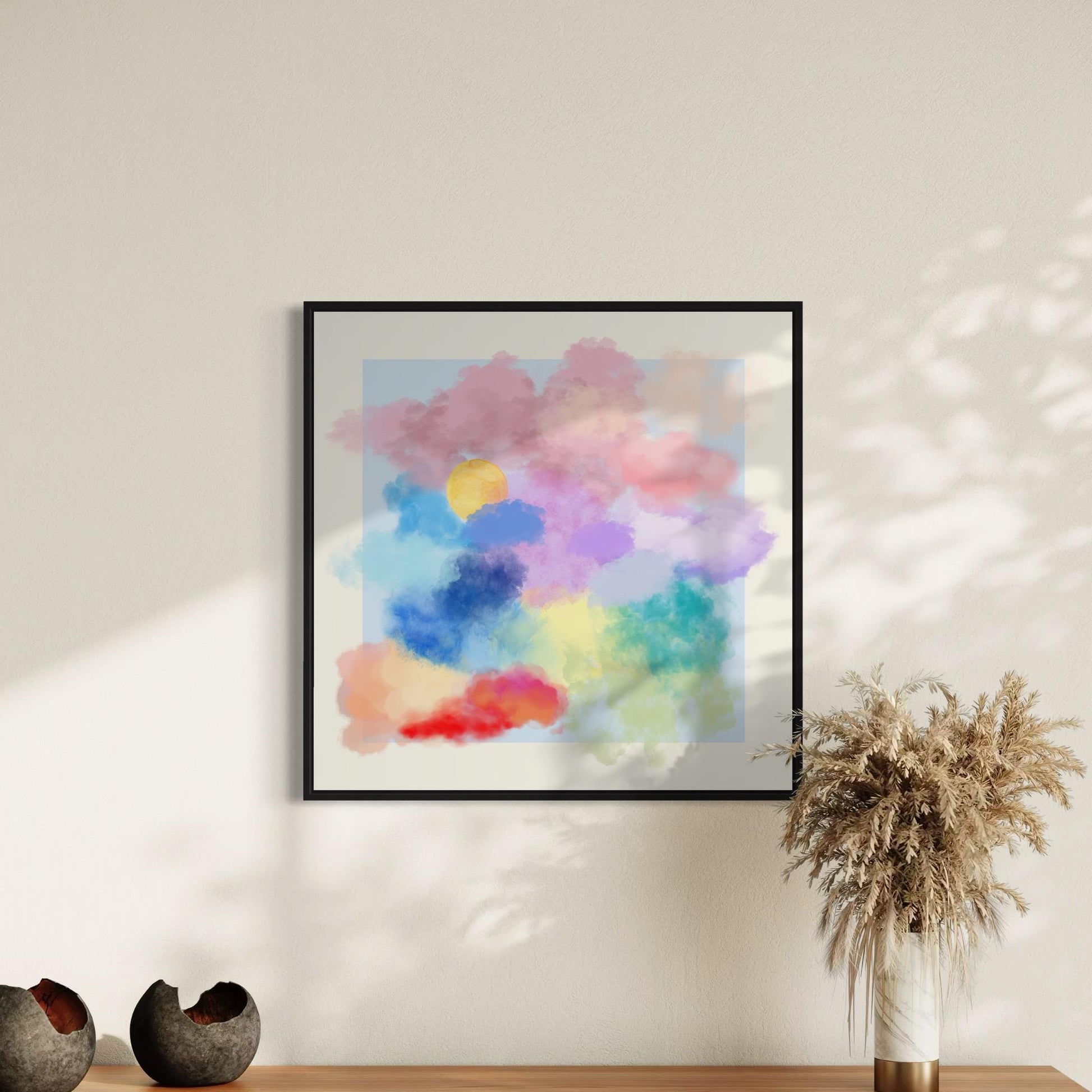 Dreamy Pastel Cloud Art Print | Watercolour Rainbow Clouds with Sun | Peaceful Wall Decor | Unframed Premium Matte Print for Home & Office