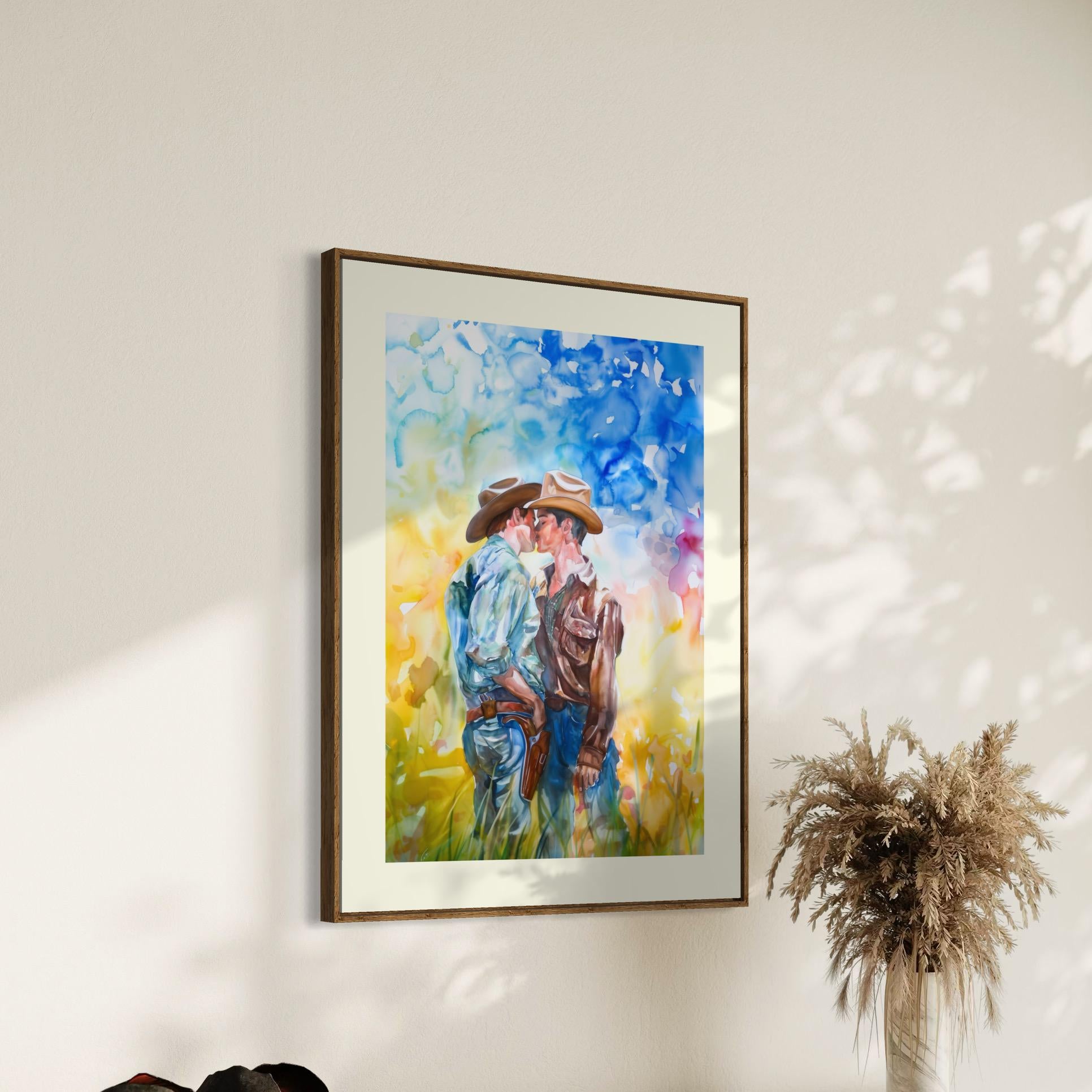 Love in the Open Range Art Print | LGBTQ+ Cowboy Romance | Unframed Watercolour Print on Premium Matte Paper | Western Pride Decor