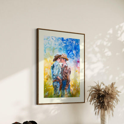 Love in the Open Range Art Print | LGBTQ+ Cowboy Romance | Unframed Watercolour Print on Premium Matte Paper | Western Pride Decor