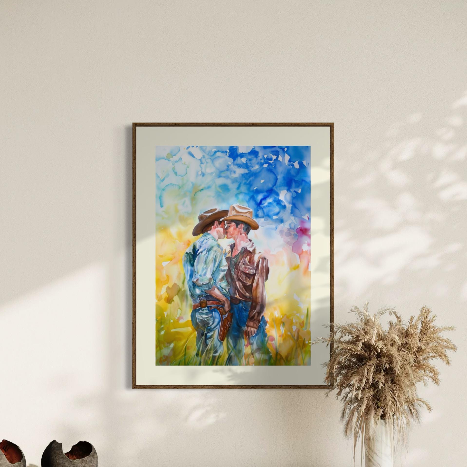 Love in the Open Range Art Print | LGBTQ+ Cowboy Romance | Unframed Watercolour Print on Premium Matte Paper | Western Pride Decor
