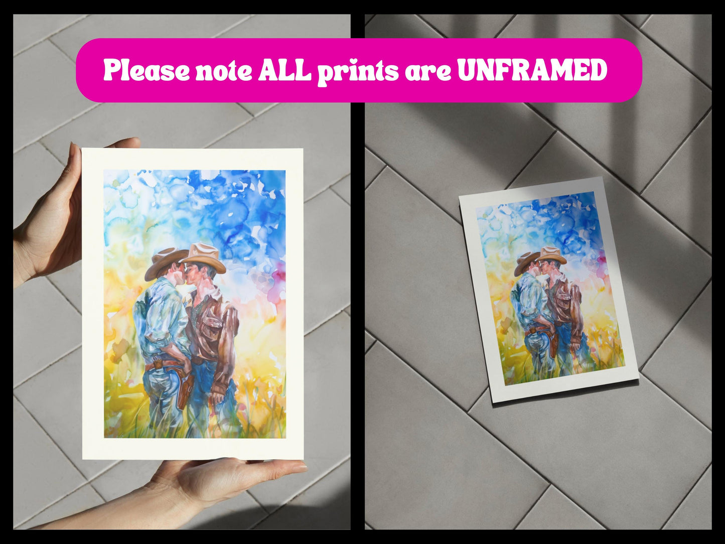 Love in the Open Range Art Print | LGBTQ+ Cowboy Romance | Unframed Watercolour Print on Premium Matte Paper | Western Pride Decor