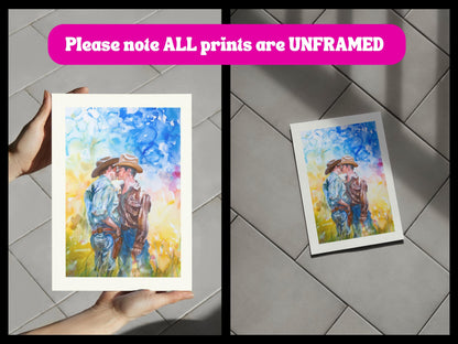 Love in the Open Range Art Print | LGBTQ+ Cowboy Romance | Unframed Watercolour Print on Premium Matte Paper | Western Pride Decor