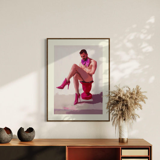 Satin Reflection LGBTQ+ Art Print, Ribbon and Resilience Collection, Bold Fuchsia Heels & Bowtie, Queer Empowerment Wall Decor