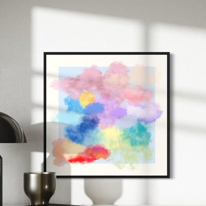 Dreamy Pastel Cloud Art Print | Watercolour Rainbow Clouds with Sun | Peaceful Wall Decor | Unframed Premium Matte Print for Home & Office
