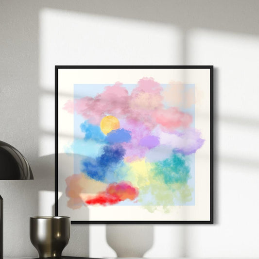 Dreamy Pastel Cloud Art Print | Watercolour Rainbow Clouds with Sun | Peaceful Wall Decor | Unframed Premium Matte Print for Home & Office
