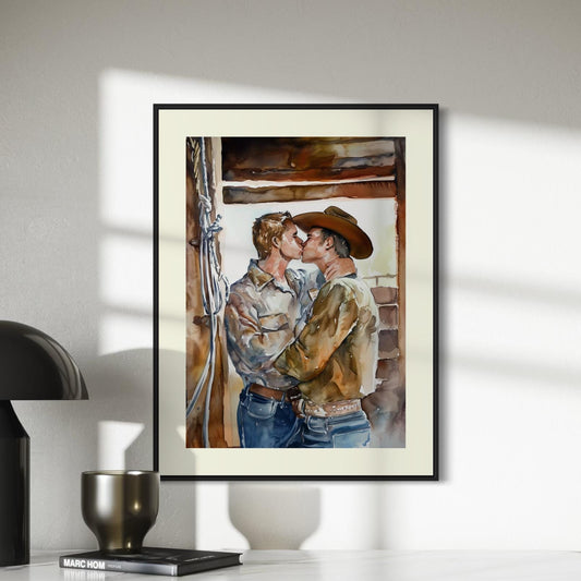 Lovers in the Barnlight - Watercolour Print | Rustic LGBTQ+ Artwork