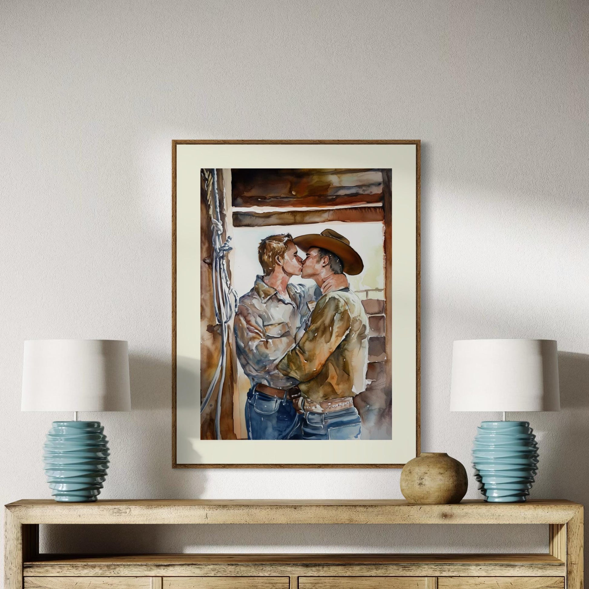 Lovers in the Barnlight - Watercolour Print | Rustic LGBTQ+ Artwork