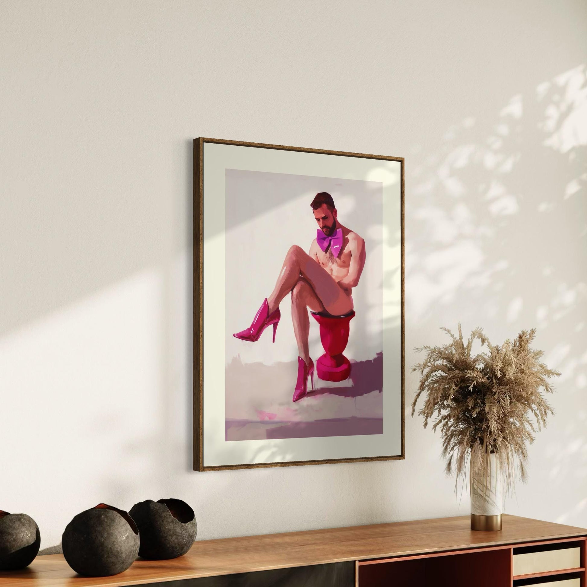 Satin Reflection LGBTQ+ Art Print, Ribbon and Resilience Collection, Bold Fuchsia Heels & Bowtie, Queer Empowerment Wall Decor