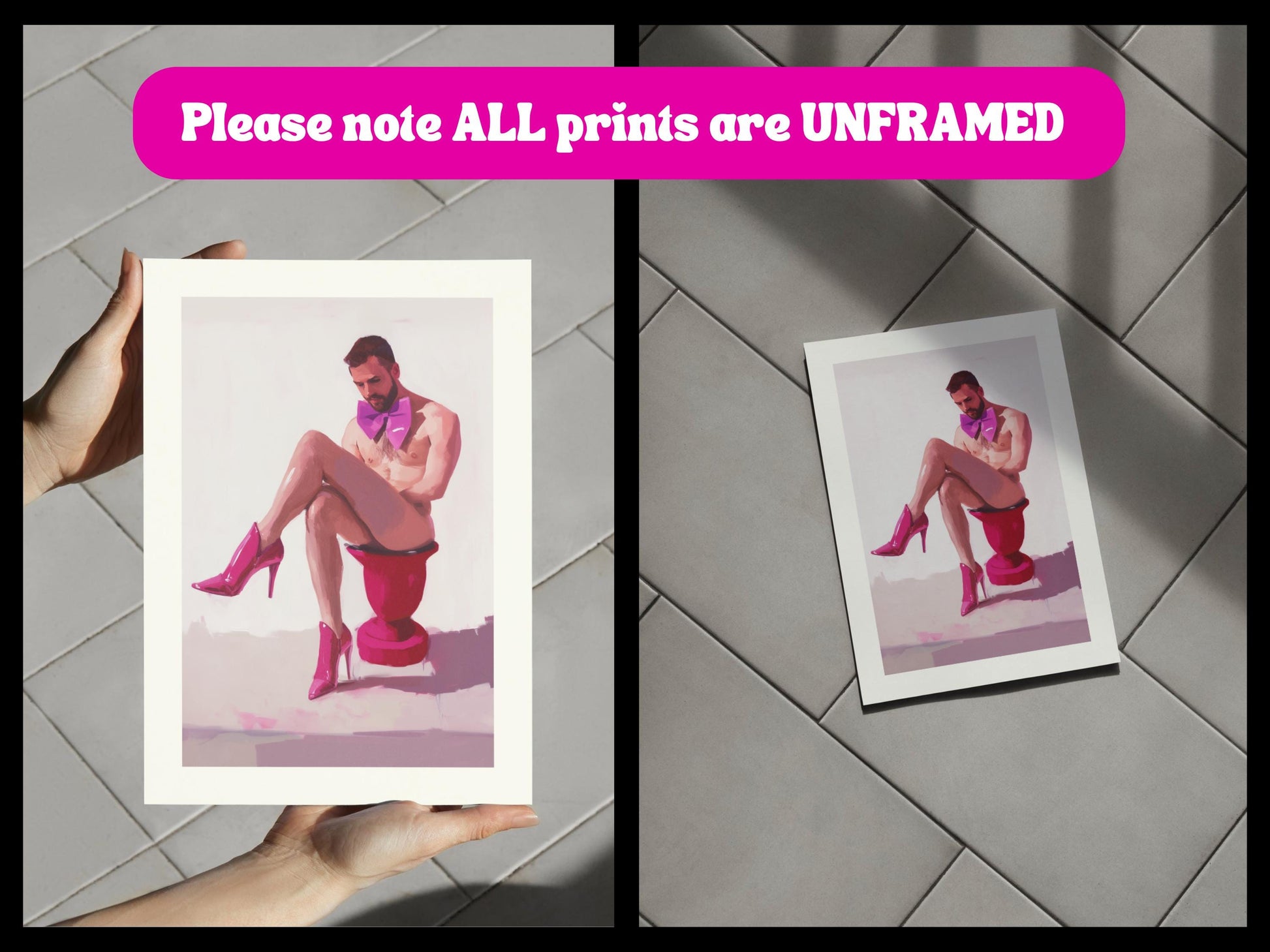 Satin Reflection LGBTQ+ Art Print, Ribbon and Resilience Collection, Bold Fuchsia Heels & Bowtie, Queer Empowerment Wall Decor