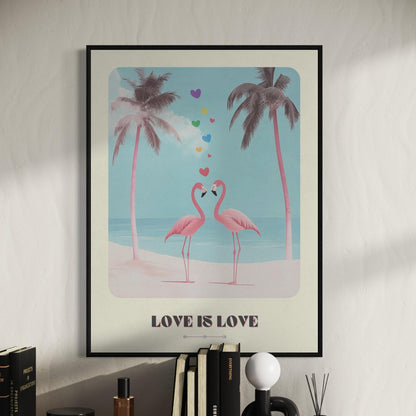 Minimalist Flamingo Wall Art - Love Is Love Print, Rainbow Hearts, Tropical Pride Decor for Queer Community & Allies - Premium Print