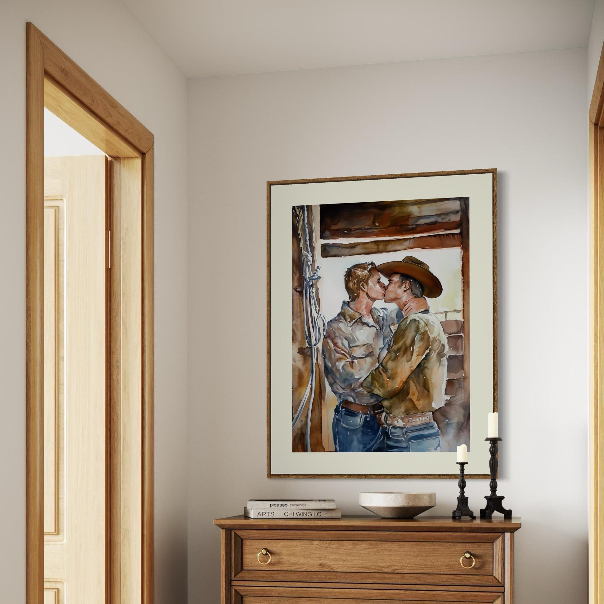 Lovers in the Barnlight - Watercolour Print | Rustic LGBTQ+ Artwork