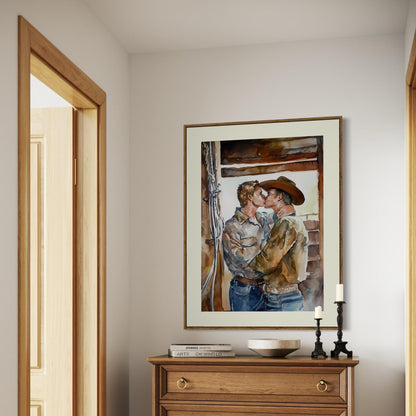 Lovers in the Barnlight - Watercolour Print | Rustic LGBTQ+ Artwork