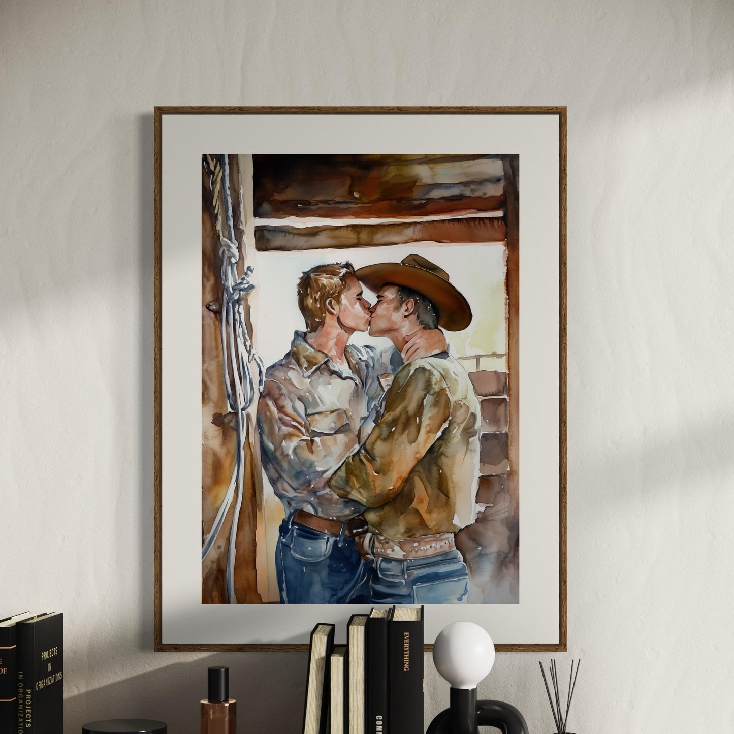 Lovers in the Barnlight - Watercolour Print | Rustic LGBTQ+ Artwork