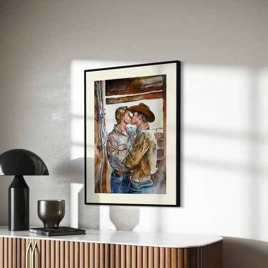 Lovers in the Barnlight - Watercolour Print | Rustic LGBTQ+ Artwork