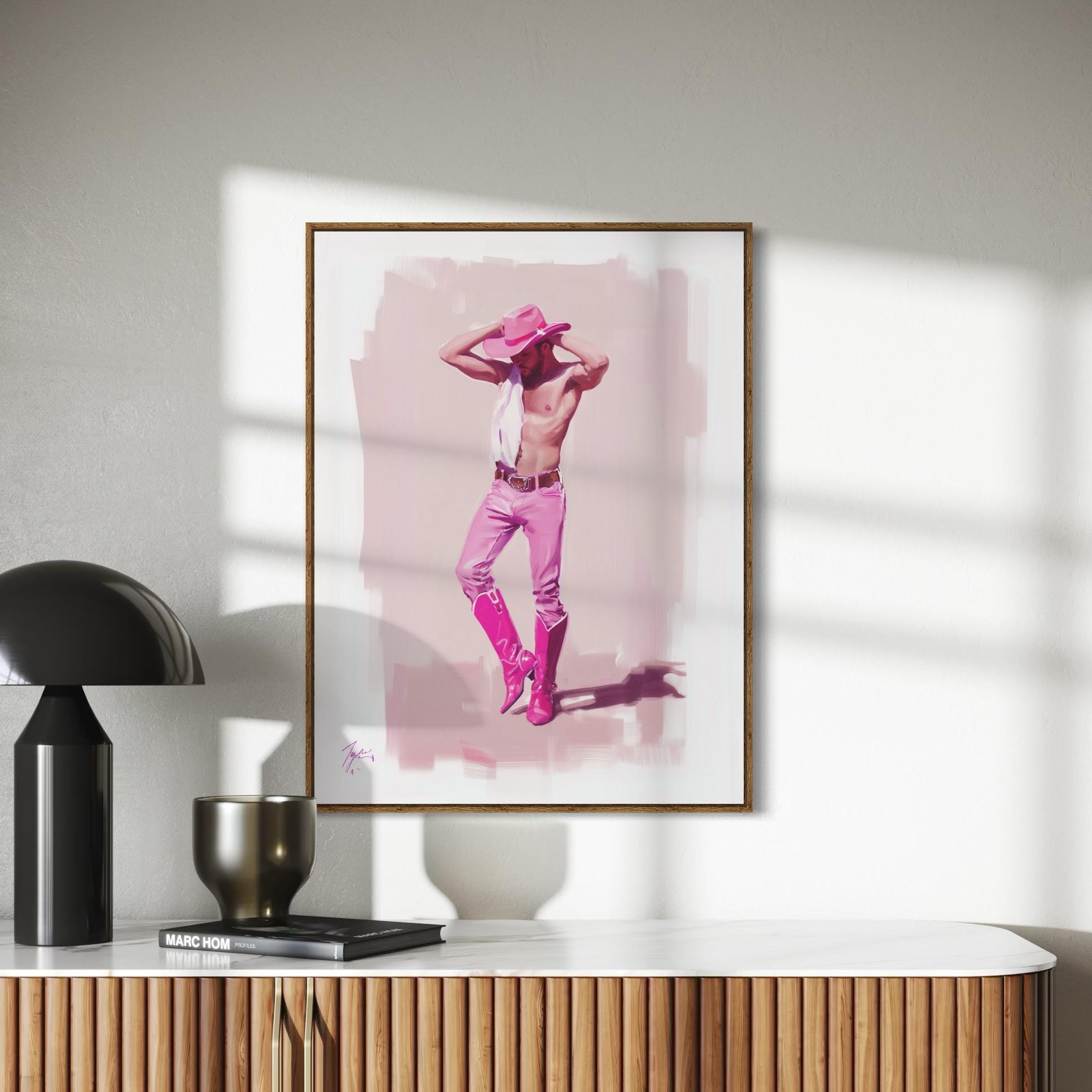 Walk the Line Pink Cowboy Art Print – Bold LGBTQ+ Decor | Premium Matte Poster, Queer Pride Wall Art for Sassy and Confident Spaces