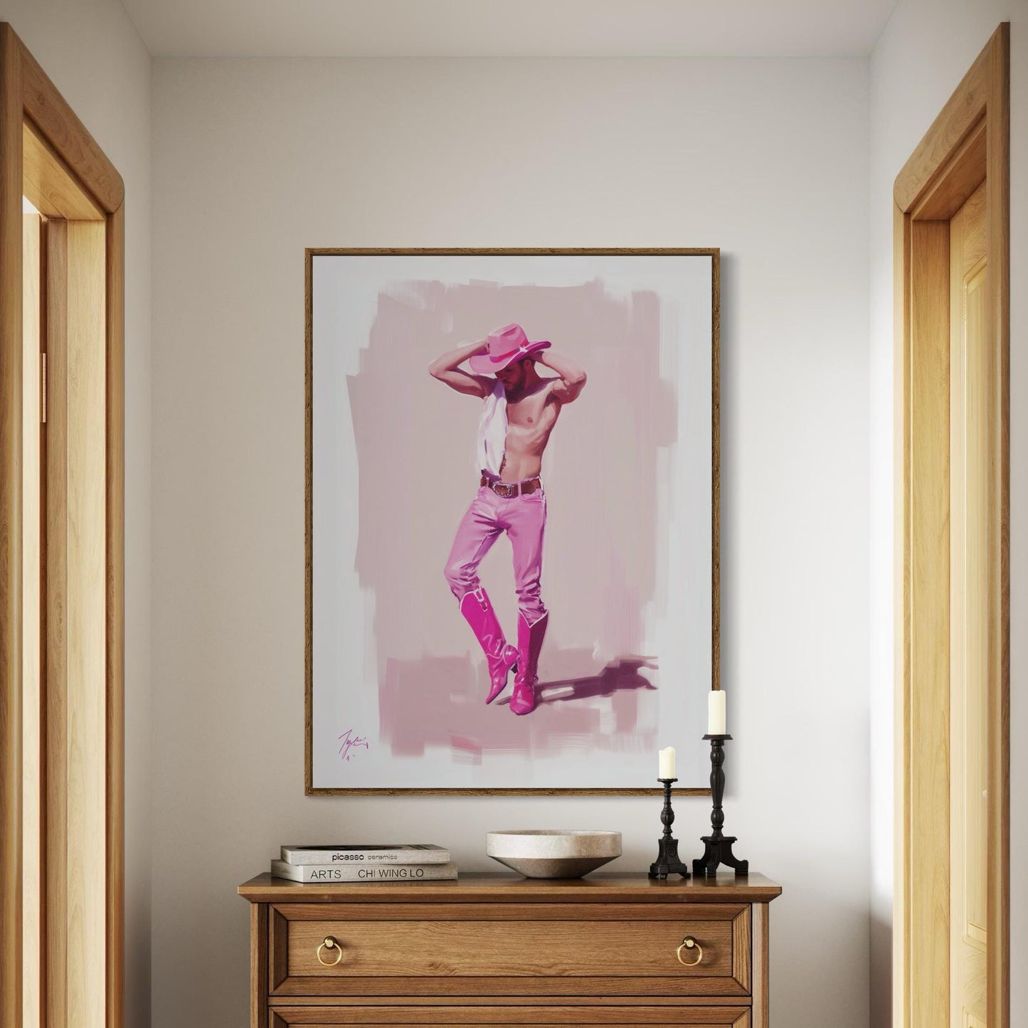 Walk the Line Pink Cowboy Art Print – Bold LGBTQ+ Decor | Premium Matte Poster, Queer Pride Wall Art for Sassy and Confident Spaces