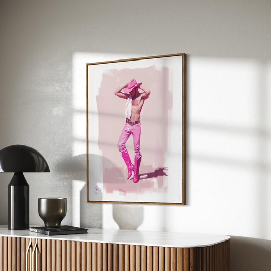 Walk the Line Pink Cowboy Art Print – Bold LGBTQ+ Decor | Premium Matte Poster, Queer Pride Wall Art for Sassy and Confident Spaces