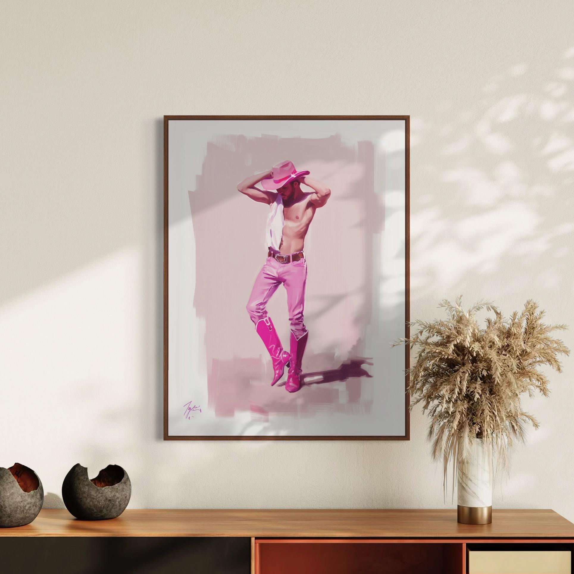 Walk the Line Pink Cowboy Art Print – Bold LGBTQ+ Decor | Premium Matte Poster, Queer Pride Wall Art for Sassy and Confident Spaces