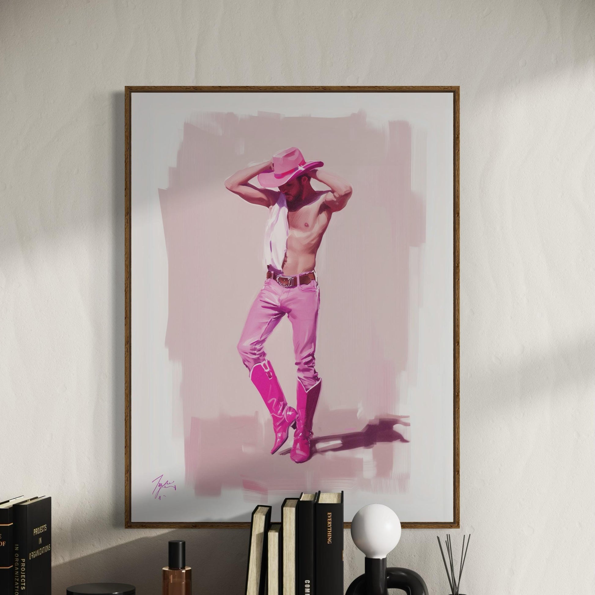 Walk the Line Pink Cowboy Art Print – Bold LGBTQ+ Decor | Premium Matte Poster, Queer Pride Wall Art for Sassy and Confident Spaces