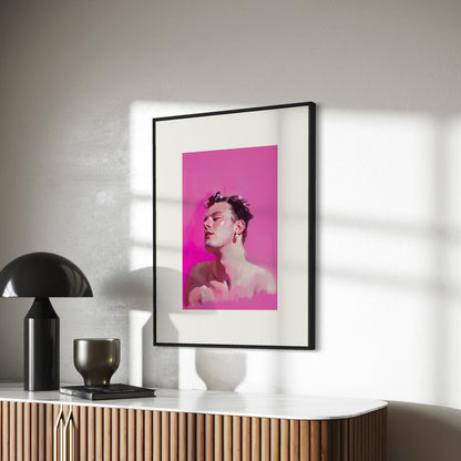 Gay With a Pearl Earring – Queer Portrait Print, Bold Pink Wall Art, Premium Matte Paper Unframed LGBTQ+ Decor